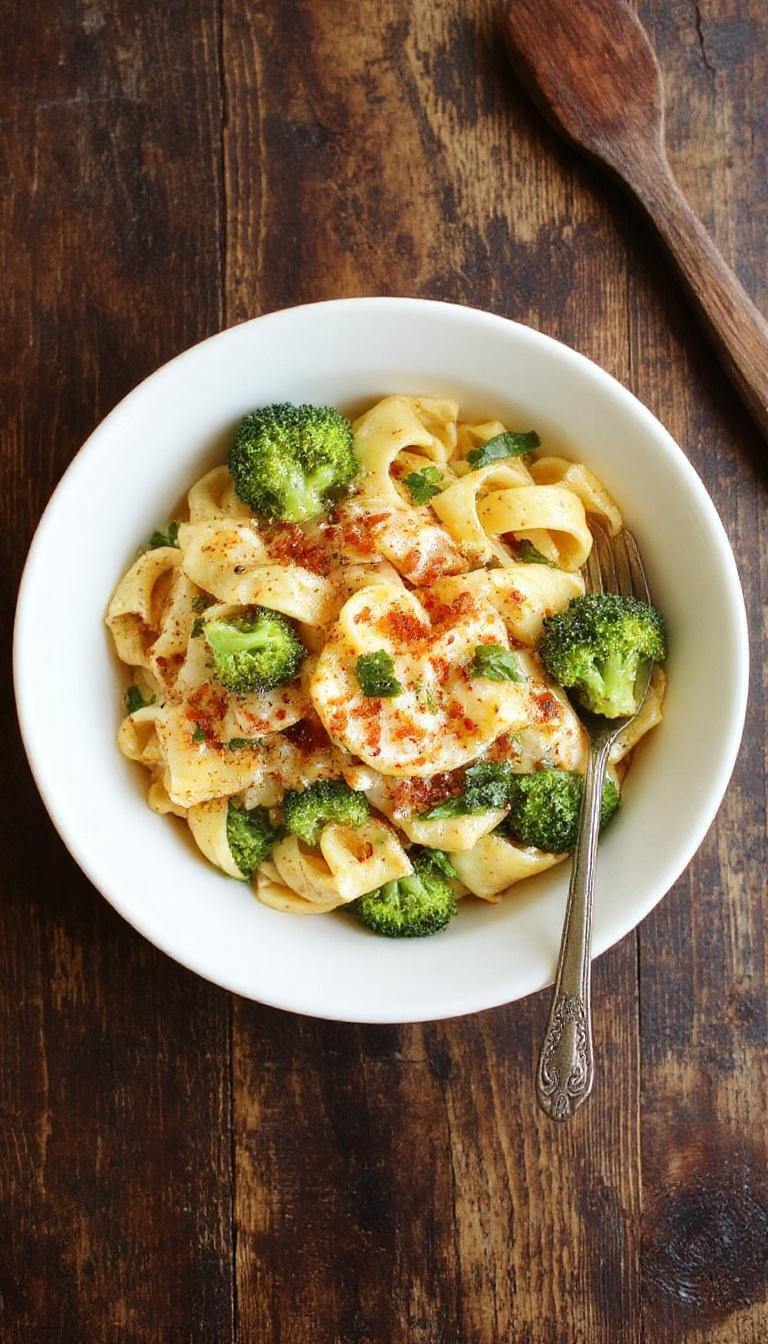 A close-up of a plate of easy broccoli pasta featuring vibrant green broccoli florets and al dente pasta coated in a light, savory sauce. The dish is garnished with freshly grated Parmesan cheese and a sprinkle of red pepper flakes, presented on a rustic ceramic plate against a wooden table background.