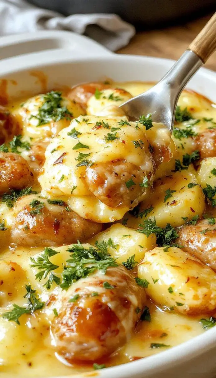 A golden-brown casserole dish filled with layers of sliced potatoes, cooked sausage pieces, and melted creamy cheese, topped with fresh chopped herbs. The dish is presented on a rustic wooden table, with a spoon scooping out a portion showing the rich, cheesy interior and crispy edges.