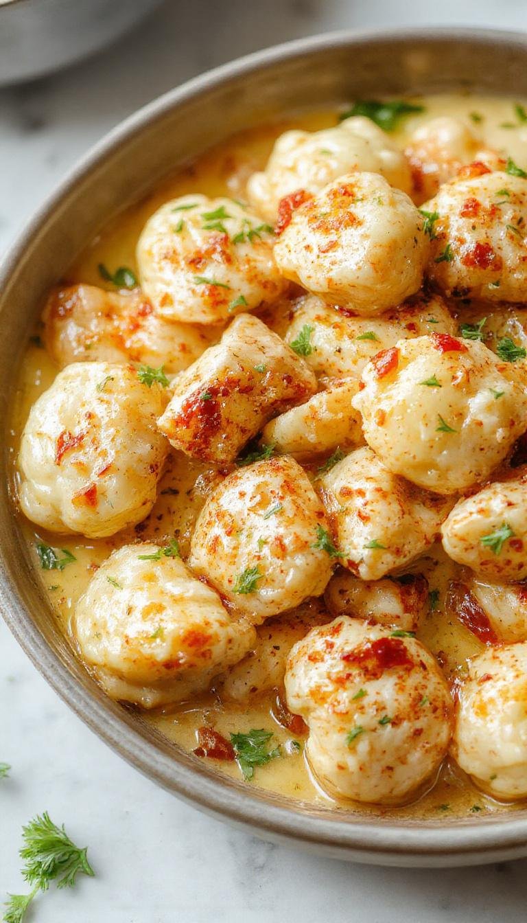 A close-up of a creamy crack chicken gnocchi dish served in a rustic white bowl. The gnocchi are golden and tender, coated in a rich, creamy sauce with visible bits of shredded chicken and herbs. The dish is garnished with freshly chopped parsley and has a glossy, inviting appearance, set against a wooden table with a part of a spoon visible nearby.