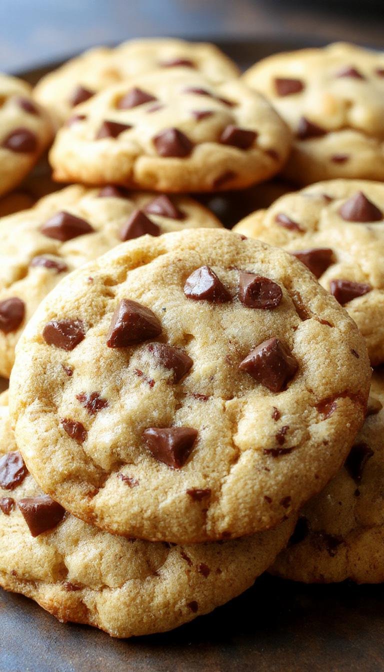 Golden-brown banana cookies studded with melty chocolate chips, arranged on a rustic wooden surface with a few chocolate chips scattered around, showcasing their soft, chewy texture and inviting appearance.