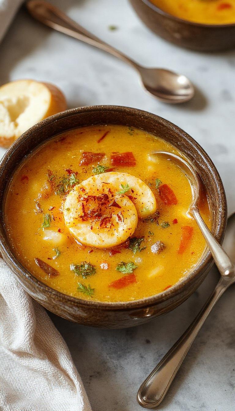 A steaming bowl of hearty soup with a rich, golden broth, filled with colorful vegetables, tender chunks of meat, and garnished with fresh herbs on a rustic wooden table.