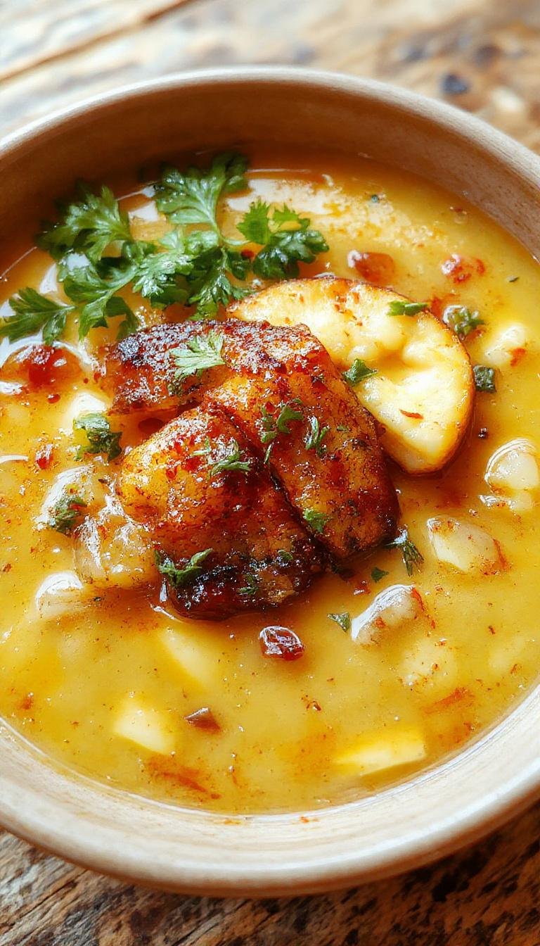 A steaming bowl of chile relleno soup featuring vibrant red and green chilies, melted cheese topping, and garnished with fresh cilantro. The soup has a rich, hearty appearance with a smooth, slightly chunky texture, presented on a rustic wooden table with a spoon and tortilla chips nearby.
