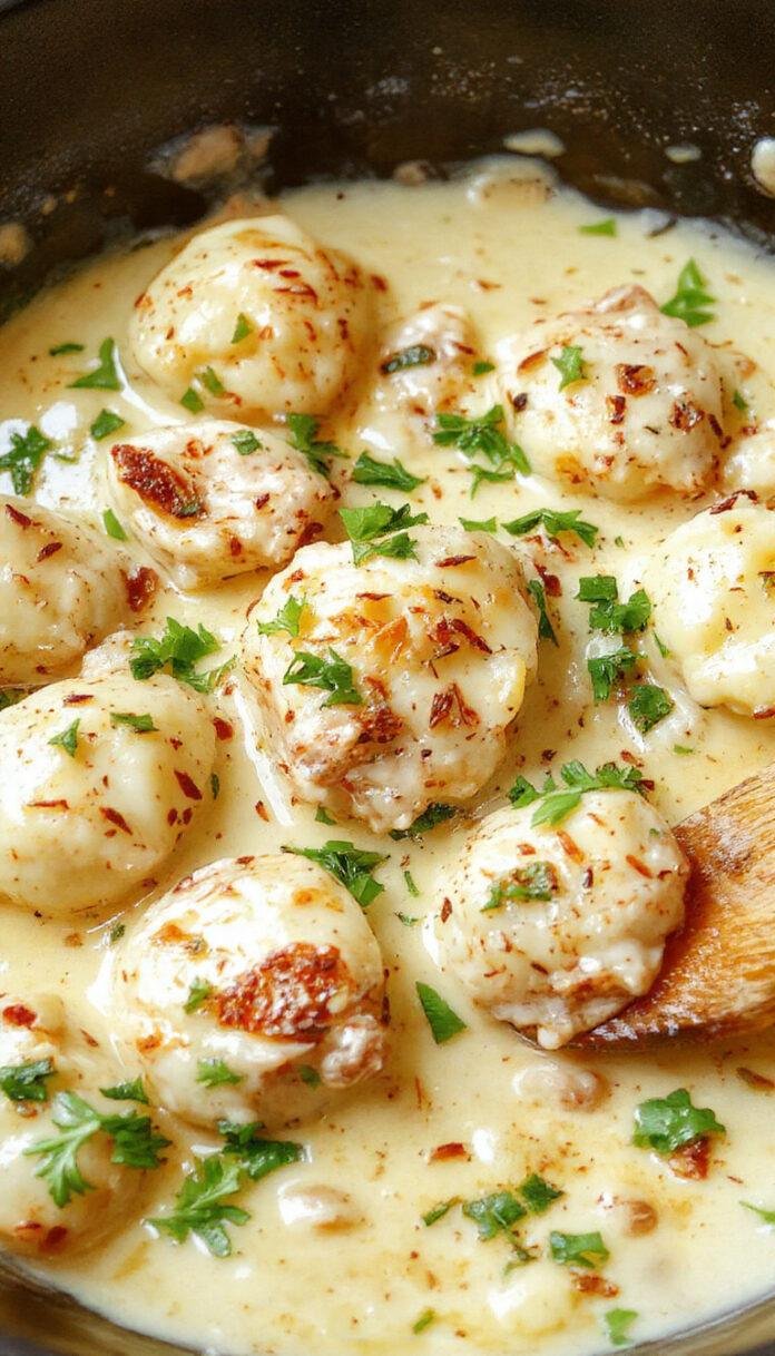 A close-up of a white plate featuring creamy crack chicken gnocchi, with plump golden-brown gnocchi coated in a rich, velvety sauce. Garnished with chopped fresh herbs, the dish is presented on a rustic wooden table, highlighting the sauce's glossy texture and the appealing color contrast between the gnocchi and herbs.