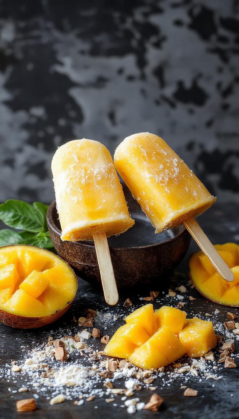A close-up of vibrant tropical coconut mango popsicles with a glossy finish, embedded with small pieces of mango and coconut, presented in a clear glass dish on a wooden surface with tropical leaves in the background.