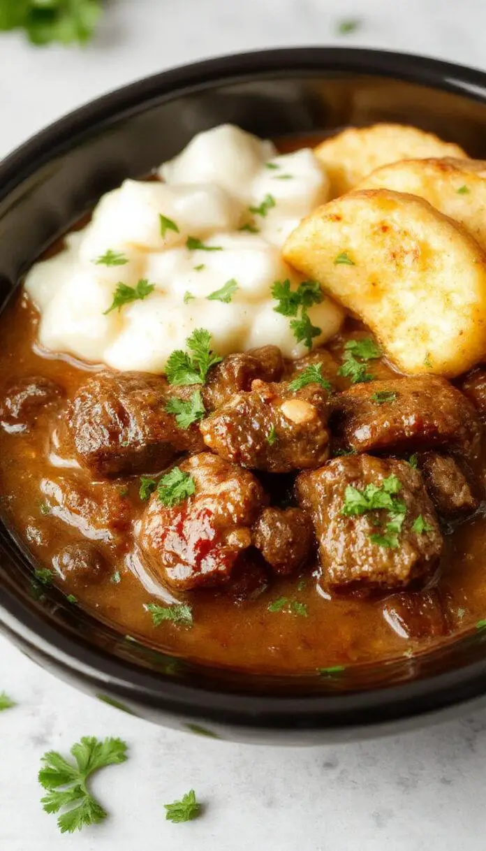 A steaming bowl of slow cooker beef coconut curry with tender beef chunks, rich coconut sauce, garnished with fresh cilantro, served alongside white rice on a rustic wooden table.