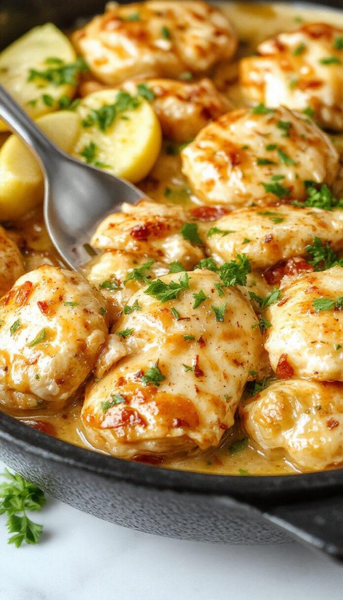 A vibrant skillet filled with tender, golden-brown chicken coated in a rich, creamy butter sauce. Garnished with fresh parsley and served alongside fluffy rice and colorful vegetables, the dish showcases succulent chicken pieces glistening in the sauce, with a beautifully plated presentation on a rustic wooden table.