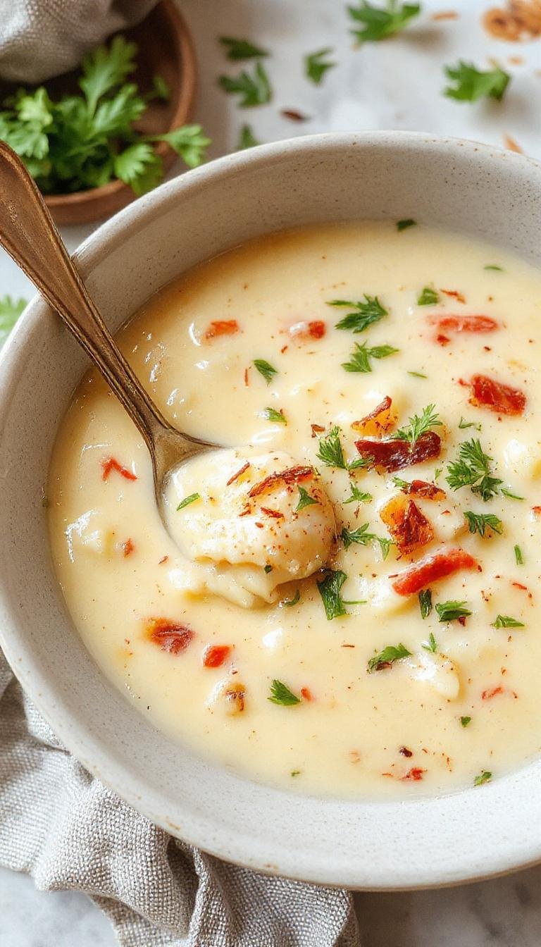 A bowl of creamy white lasagna soup garnished with fresh basil and grated cheese, surrounded by layers of lasagna noodles and ricotta cheese, with a drizzle of cream on top. The soup has a velvety, thick consistency with a smooth surface, and the bowl is placed on a rustic wooden table that emphasizes warmth and comfort.