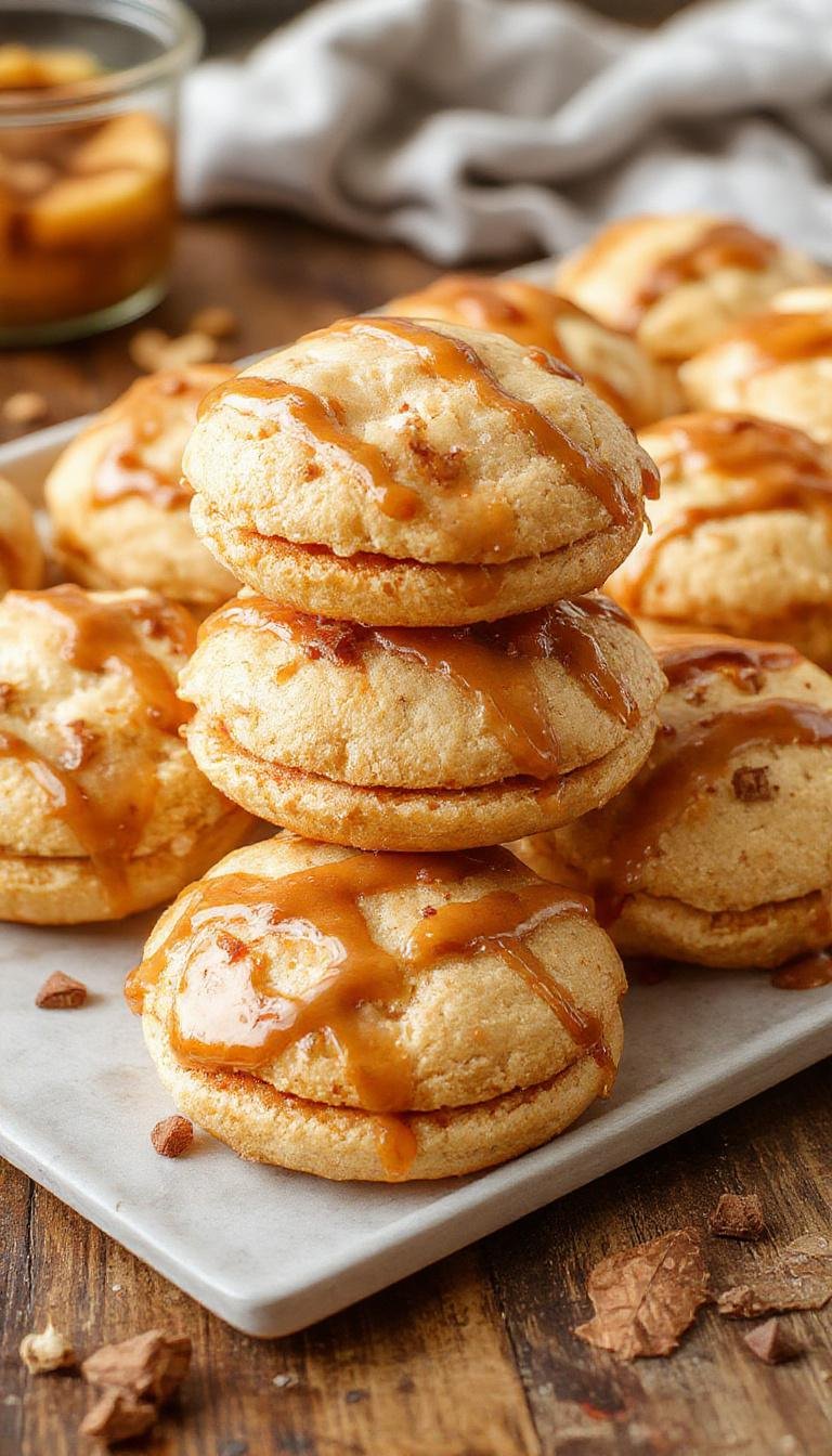 A close-up of caramel apple whoopie pies showcasing soft, golden-brown meringue-like cookies with a luscious caramel apple filling peeking out, decorated with drizzles of caramel sauce and small apple slices on top, all beautifully arranged on a rustic wooden plate with autumn leaves in the background.