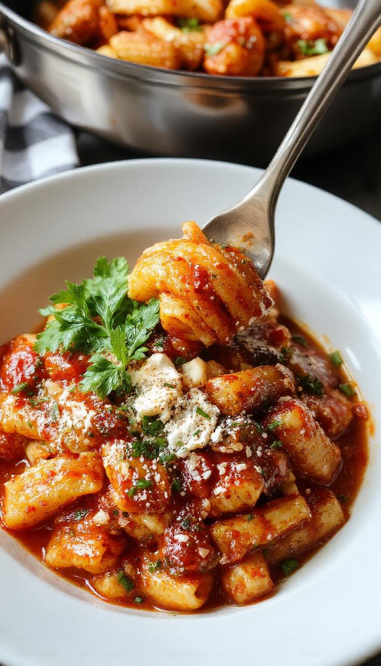 A vibrant plate of arrabiata penne pasta featuring ruby red tomato sauce generously coating al dente penne, garnished with fresh basil leaves and a sprinkle of grated Parmesan, presented on a rustic white plate with a drizzle of olive oil around the edges.