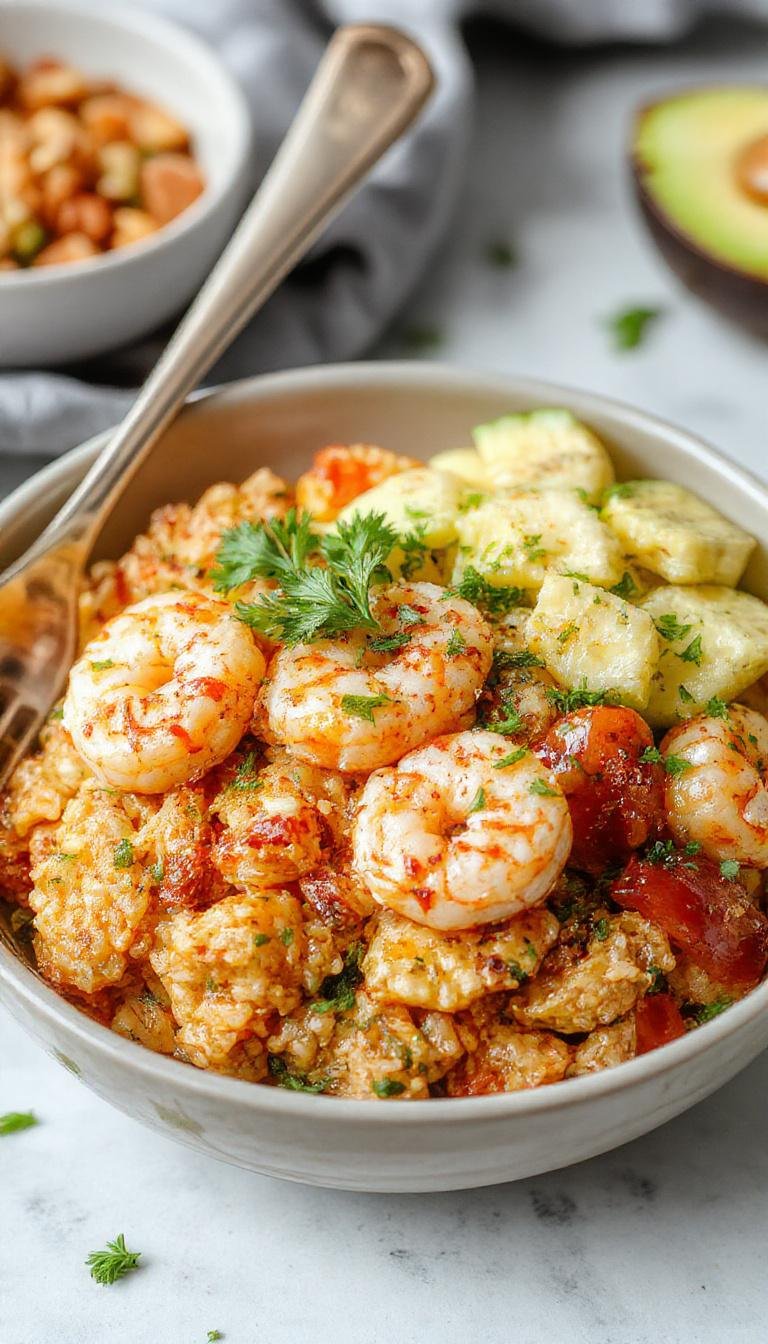 A vibrant fiesta shrimp rice bowl featuring plump, pink shrimp atop fluffy white rice, garnished with colorful diced tomatoes, green cilantro, and slices of avocado, all presented in a rustic bowl with a sprinkle of lime and fresh herbs, showcasing a lively, appetizing appearance.