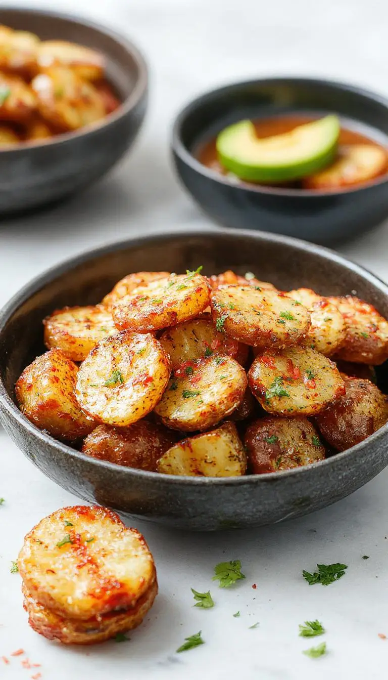 A vibrant plate of zesty Mexican potatoes garnished with fresh cilantro, sliced jalapenos, and a squeeze of lime. The potatoes are golden-brown, crispy on the edges, and coated in a colorful, flavorful sauce. The presentation is rustic yet appealing, with the potatoes arranged neatly on a ceramic dish and accented by green herbs and chili slices, highlighting their spicy and tangy appeal.