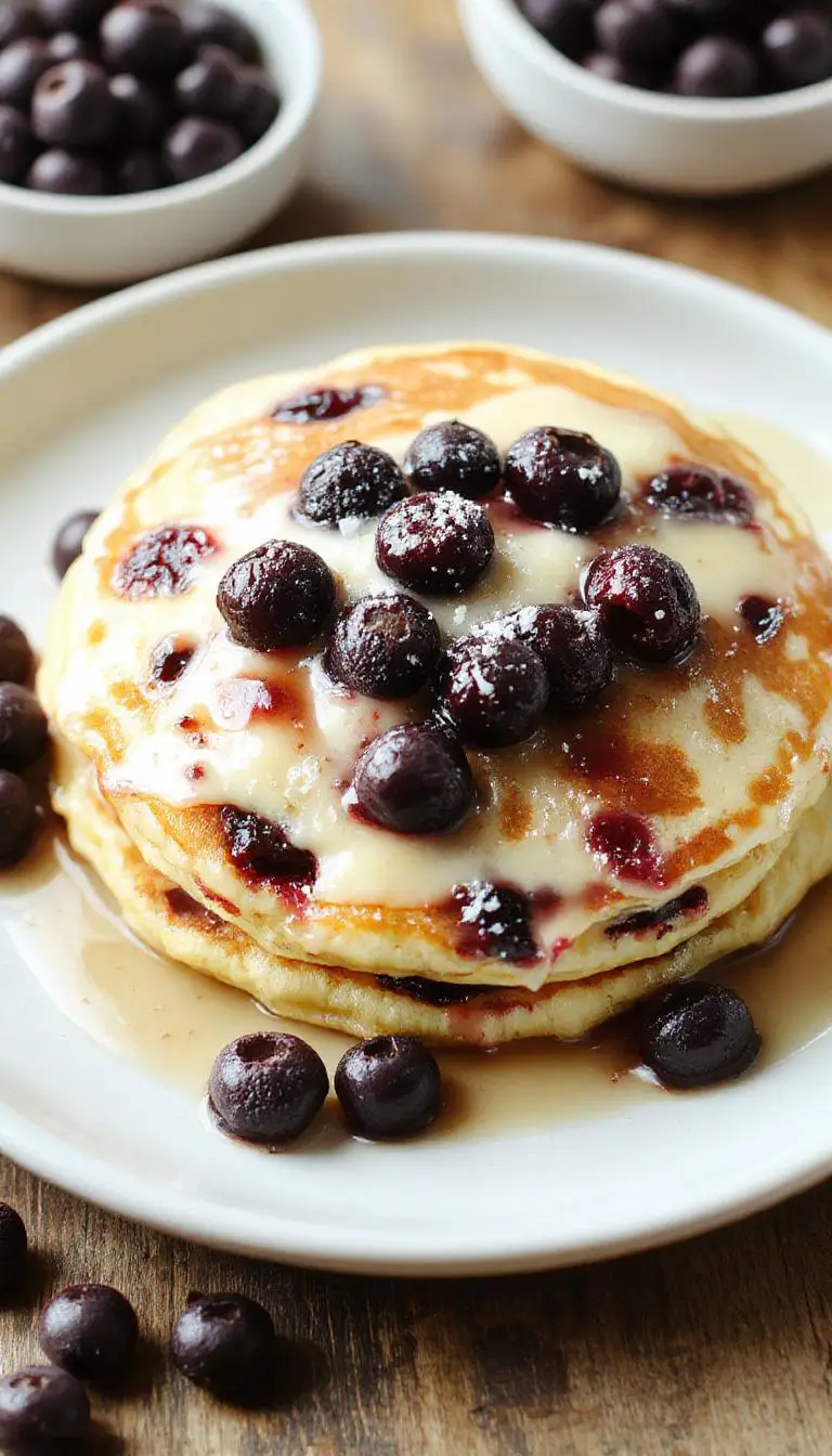 A stack of fluffy protein Greek yogurt pancakes topped with fresh blueberries and a drizzle of honey, served on a white plate with a sprig of mint, capturing the light and airy texture of the pancakes, with the blueberries adding vibrant color and a glossy appearance.