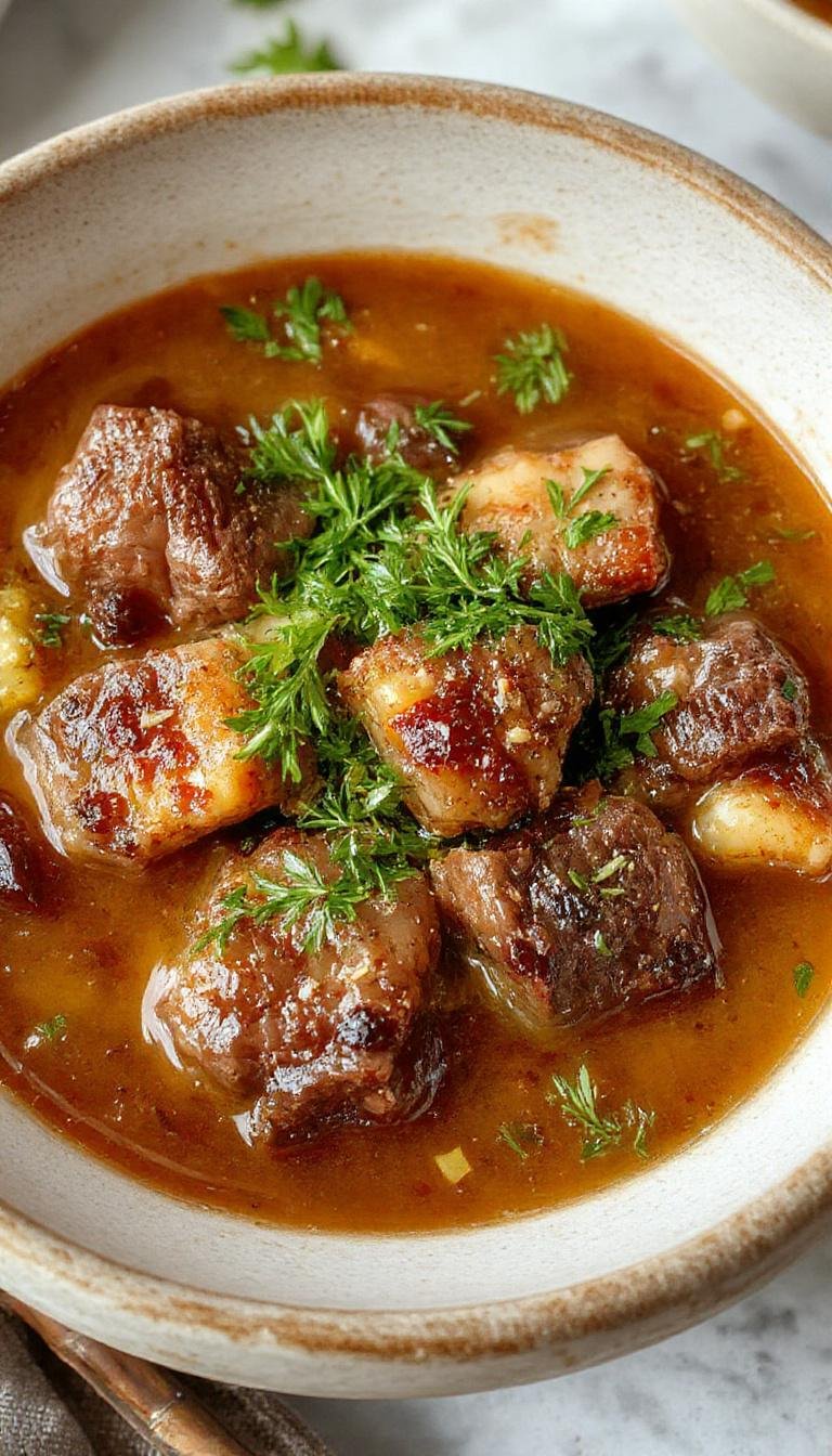 A rich bowl of French Onion Beef Short Rib Soup featuring tender beef short ribs, caramelized onions, topped with melted cheese and a sprig of thyme. The soup is presented in a rustic ceramic bowl on a wooden table, steam gently rising, with slices of toasted baguette on the side and garnished with fresh herbs.