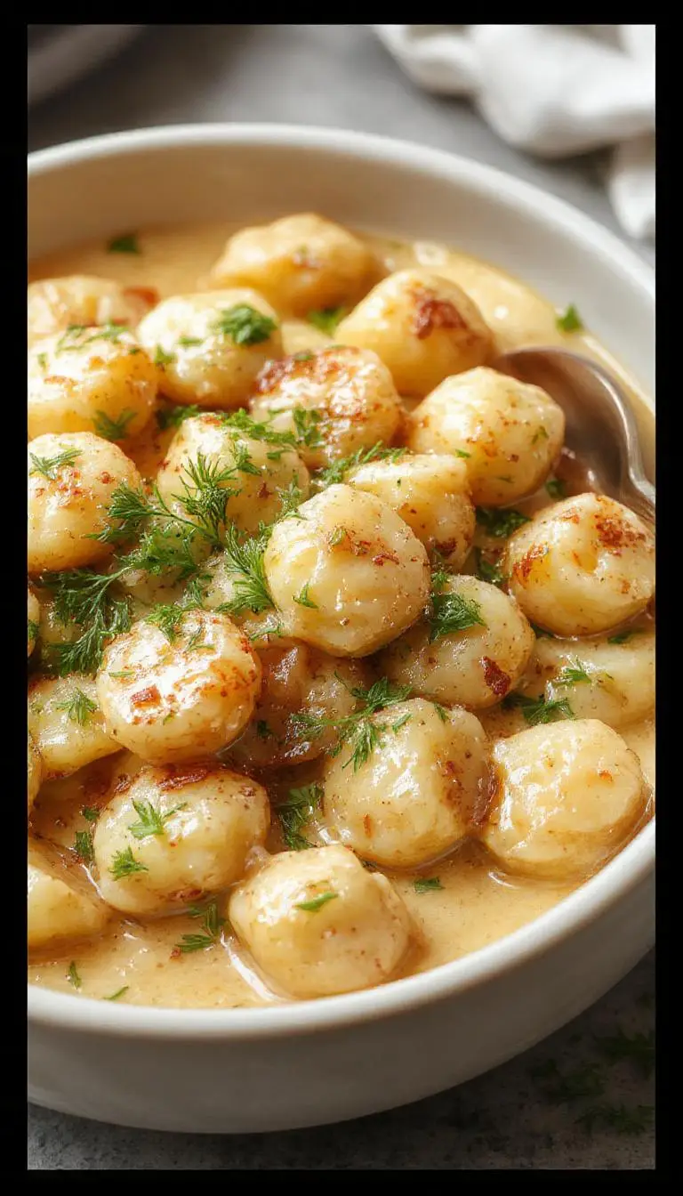 A close-up of a white plate featuring golden-brown gnocchi coated in a rich, caramelized onion sauce garnished with fresh thyme and grated cheese, steam gently rising to showcase the creamy texture and savory ingredients.