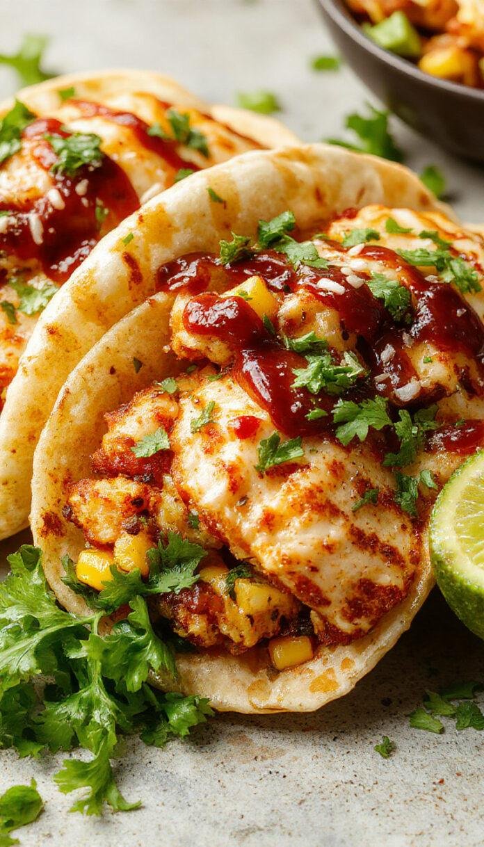 A close-up of three crispy fried chicken tacos filled with tender chicken pieces, topped with charred corn, fresh cilantro, and a drizzle of creamy sauce, arranged on a rustic wooden plate with lime wedges and additional corn on the cob in the background.