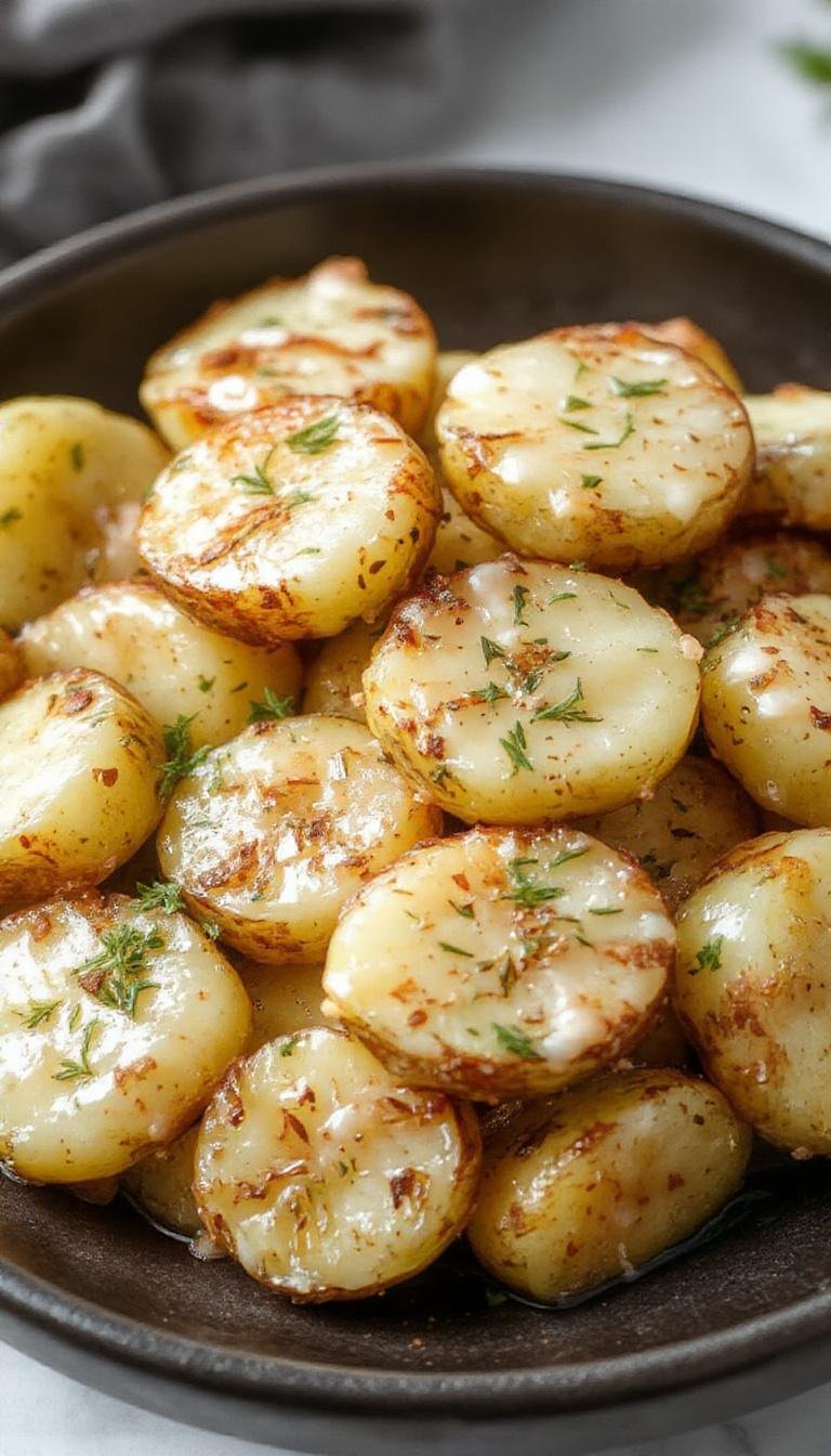 A bowl of golden roasted baby potatoes coated with a creamy garlic sauce, garnished with fresh herbs, served on a rustic wooden table with a sprig of thyme nearby