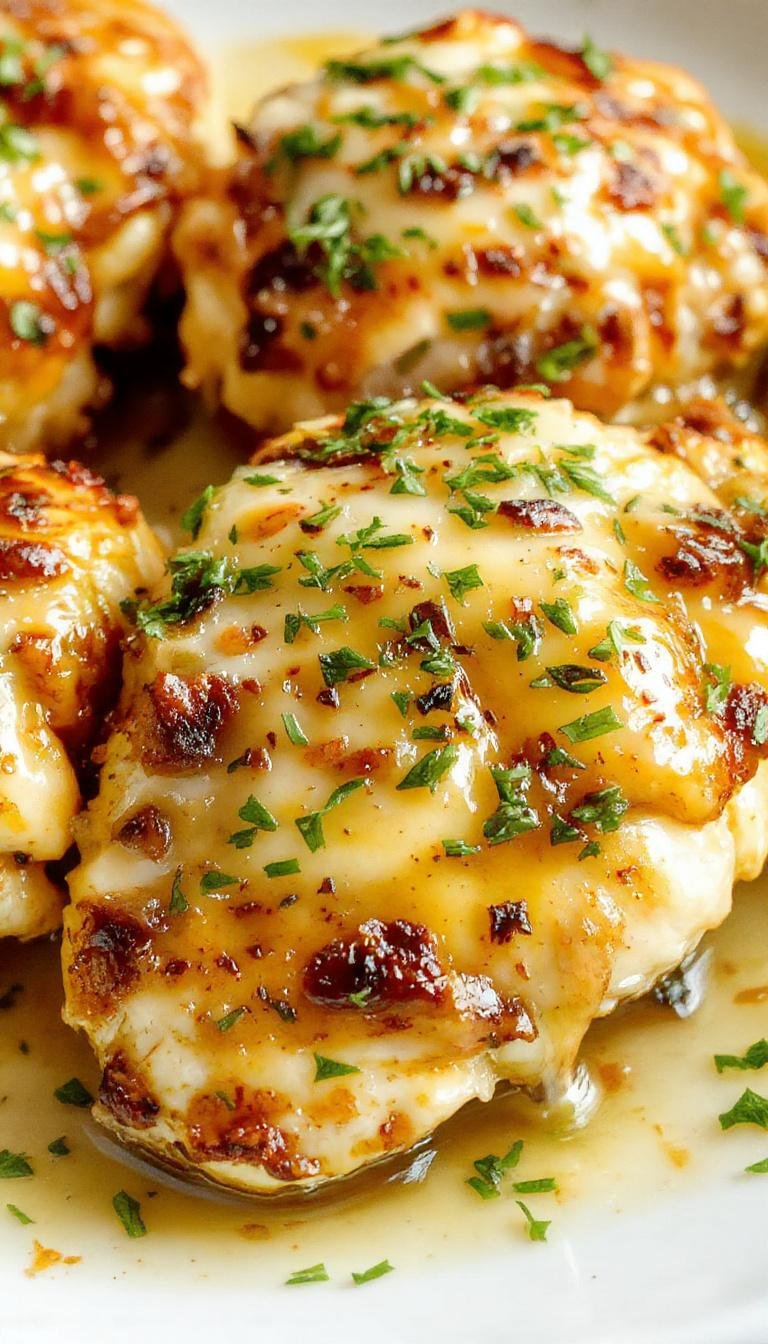 A close-up of perfectly grilled chicken breasts topped with a generous sprinkle of Parmesan cheese and minced garlic, served on a rustic wooden board. The chicken has a golden-brown, slightly charred exterior with visible grill marks, garnished with fresh parsley, and accompanied by lemon wedges. The background shows a blurred outdoor grilling setup.
