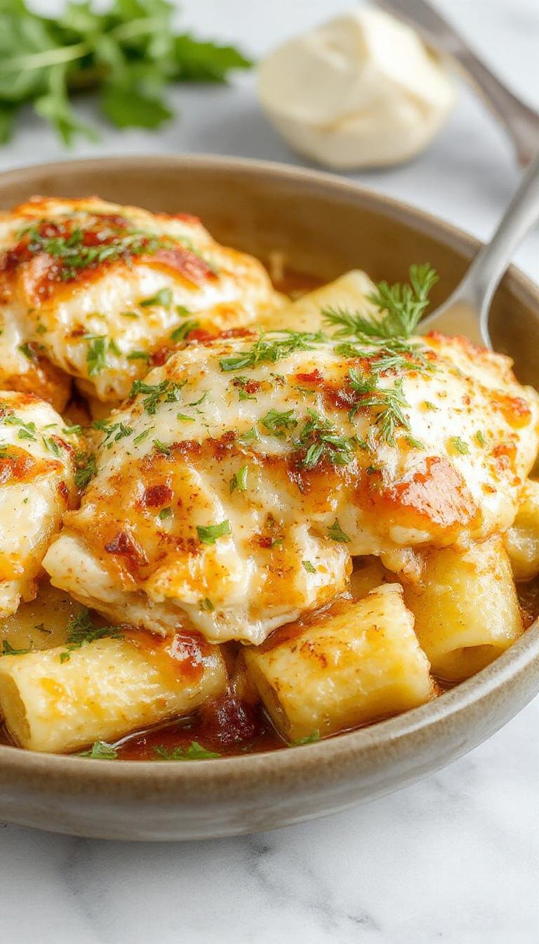 A savory chicken parmesan pasta bake served in a white ceramic dish topped with golden melted cheese and garnished with fresh parsley. The dish features a mixture of tender pasta, crispy edges, and chunks of chicken, with a crispy breadcrumb topping that contrasts with the creamy interior.