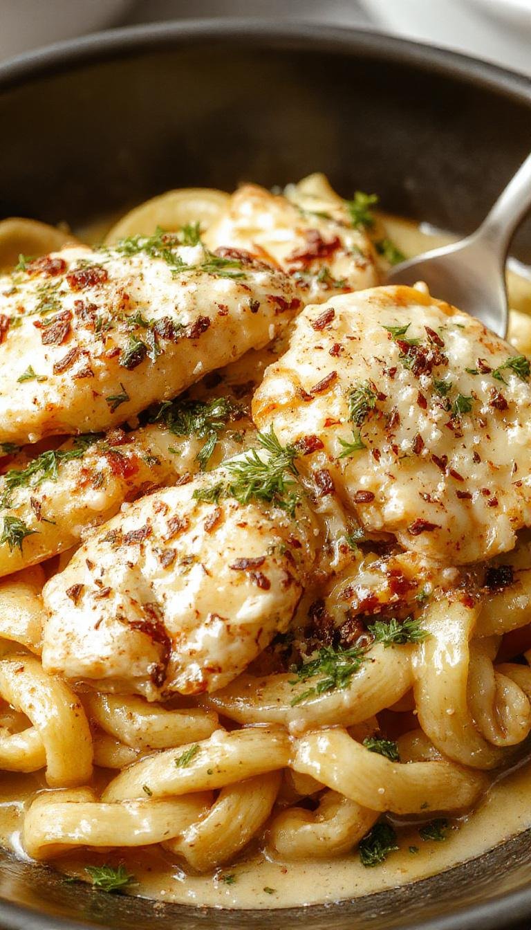 A close-up of a beautifully plated garlic Parmesan chicken pasta dish featuring tender pasta coated in creamy sauce with golden-brown grilled chicken slices topped with freshly grated Parmesan cheese and chopped parsley, set on a rustic wooden table with a fork and a sprig of parsley beside it.