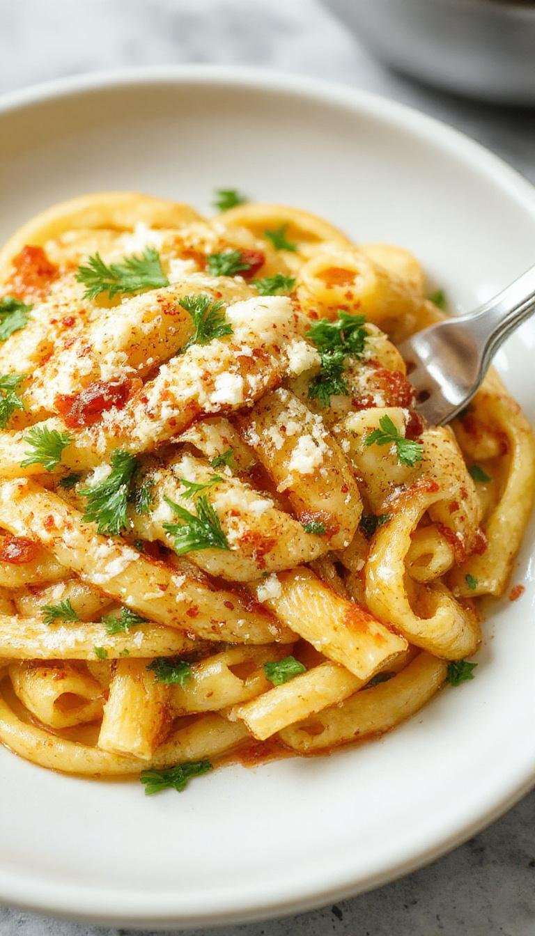 A close-up of a white plate filled with creamy garlic parmesan pasta topped with golden grated cheese and chopped parsley. The pasta is coated in a rich, cheesy sauce, with visible garlic bits and a glossy surface, garnished with fresh herbs. The background features a rustic wooden table and a side of crusty bread, creating an inviting and appetizing presentation.