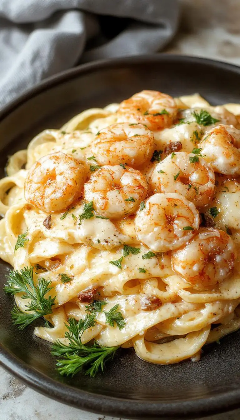 A close-up of a plate of garlic shrimp fettuccine Alfredo featuring perfectly cooked, tender shrimp atop a bed of creamy, white fettuccine pasta. The dish is garnished with fresh chopped parsley, and the sauce has a glossy finish, highlighting the rich, smooth texture. The presentation is elegant, with the pasta neatly twirled and shrimp carefully arranged for visual appeal.