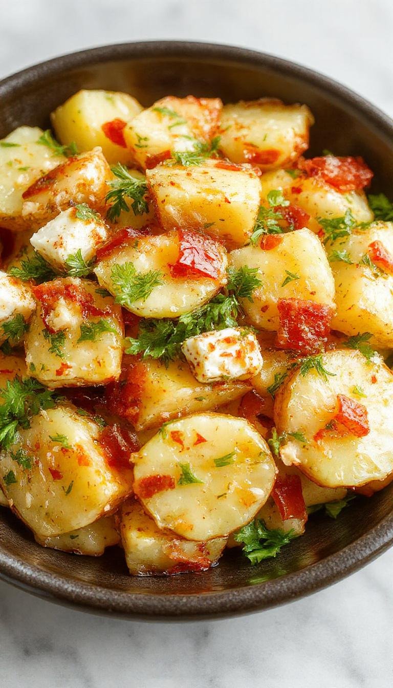 A vibrant bowl of Greek potato salad featuring halved boiled potatoes, chopped cucumbers, cherry tomatoes, red onions, and Kalamata olives, garnished with fresh parsley. The ingredients are colorful and fresh, with a drizzle of olive oil and herbs visible. The salad is presented in a rustic white bowl on a wooden table, evoking a summery and appetizing feel.