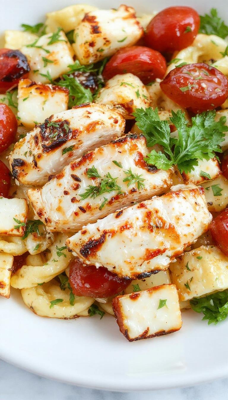 A vibrant plate of grilled chicken caprese pasta salad featuring slices of grilled chicken, bright cherry tomatoes, fresh basil leaves, and creamy mozzarella balls on a bed of spiraled pasta, drizzled with balsamic glaze and olive oil, garnished with herbs, served in a white ceramic bowl with colorful ingredients contrasting vividly against the dish.