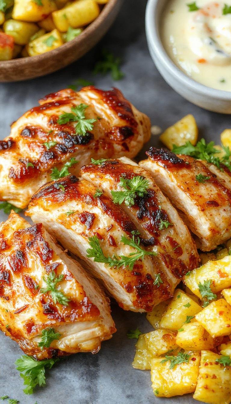 A perfectly grilled Vietnamese chicken breast with golden-brown, slightly charred grill marks, garnished with fresh herbs and sliced vegetables on a white plate, showcasing a vibrant and moist interior.