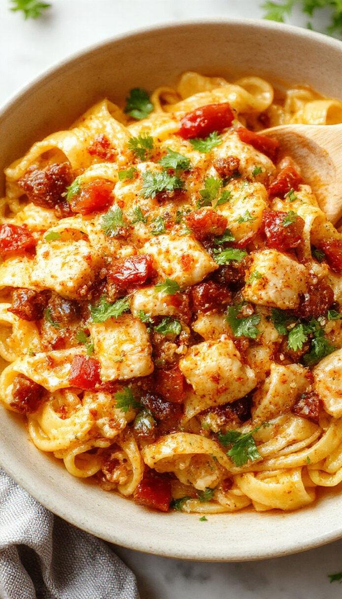 A vibrant plate of ground chicken fajita pasta featuring sliced red and green bell peppers, onions, and seasoned ground chicken mixed with swirled pasta. The dish is garnished with fresh cilantro and a wedge of lime, served on a rustic white plate with a wooden background showing some herbs and a fork.