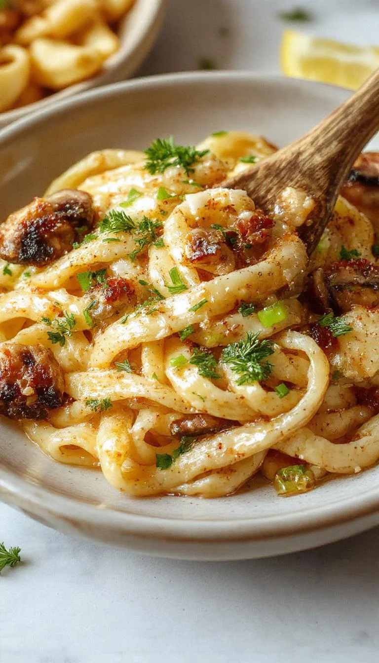 A plate of creamy Gruyere pasta garnished with sautéed leeks and mushrooms, showcasing melted cheese, golden-brown mushrooms, and tender leek slices arranged artfully on a white ceramic dish with a sprig of fresh herbs.