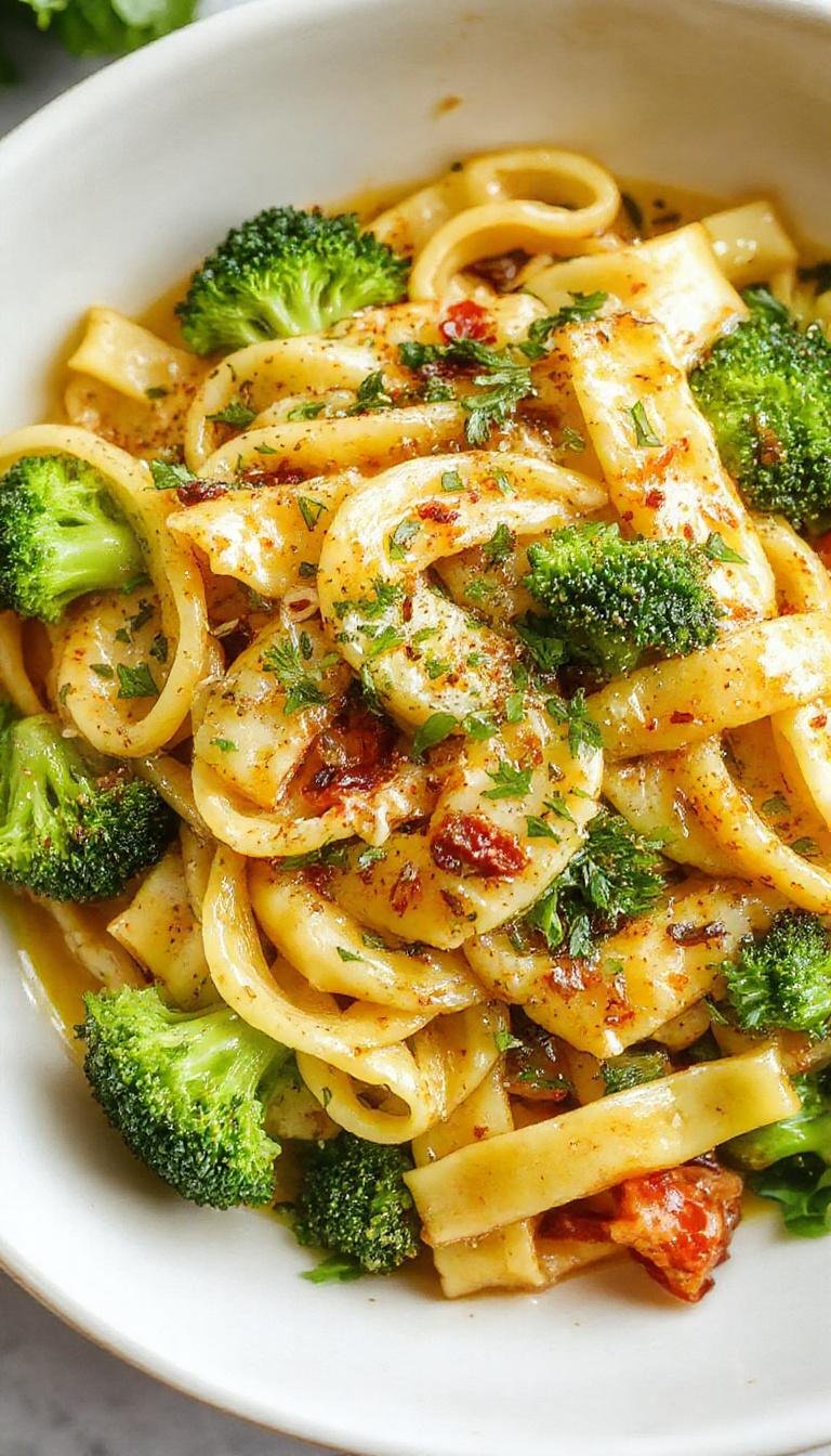 A vibrant plate of broccoli pasta featuring al dente spaghetti topped with bright green broccoli florets, drizzled with olive oil and sprinkled with grated cheese, presented on a rustic white plate with fresh herbs on a wooden table