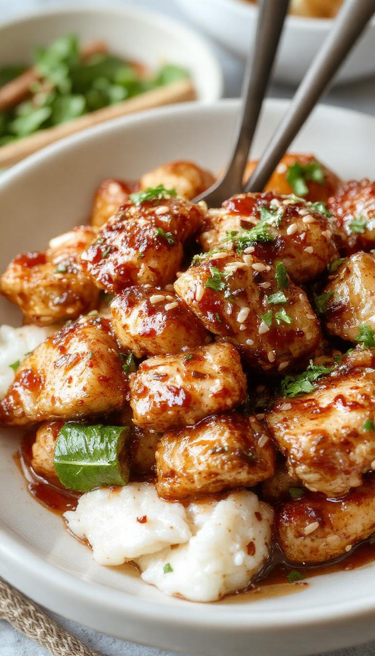 A vibrant plate of Healthy Sesame Chicken featuring golden-brown chicken pieces coated in a glossy sesame sauce, garnished with sesame seeds and sliced green onions. The dish is served on a white plate with a side of steamed vegetables, and the background shows a modern kitchen setting with natural lighting.