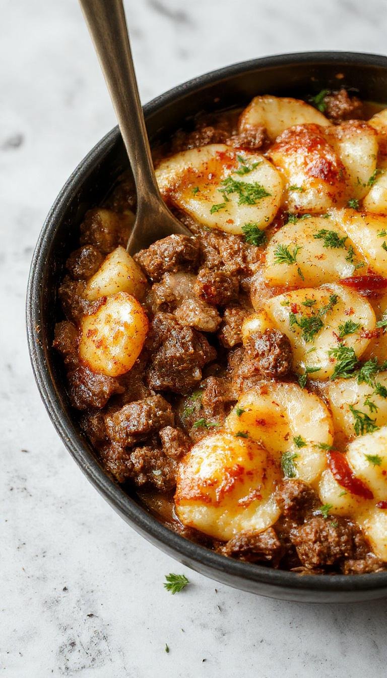 A served portion of the hearty ground beef and potato casserole displayed on a rustic wooden table. The dish features a golden-brown crispy top with visible chunks of seasoned ground beef and tender potato pieces, garnished with fresh herbs. The casserole is sliced open, revealing layers of savory beef and soft potatoes, with steam gently rising, evoking comfort and warmth.