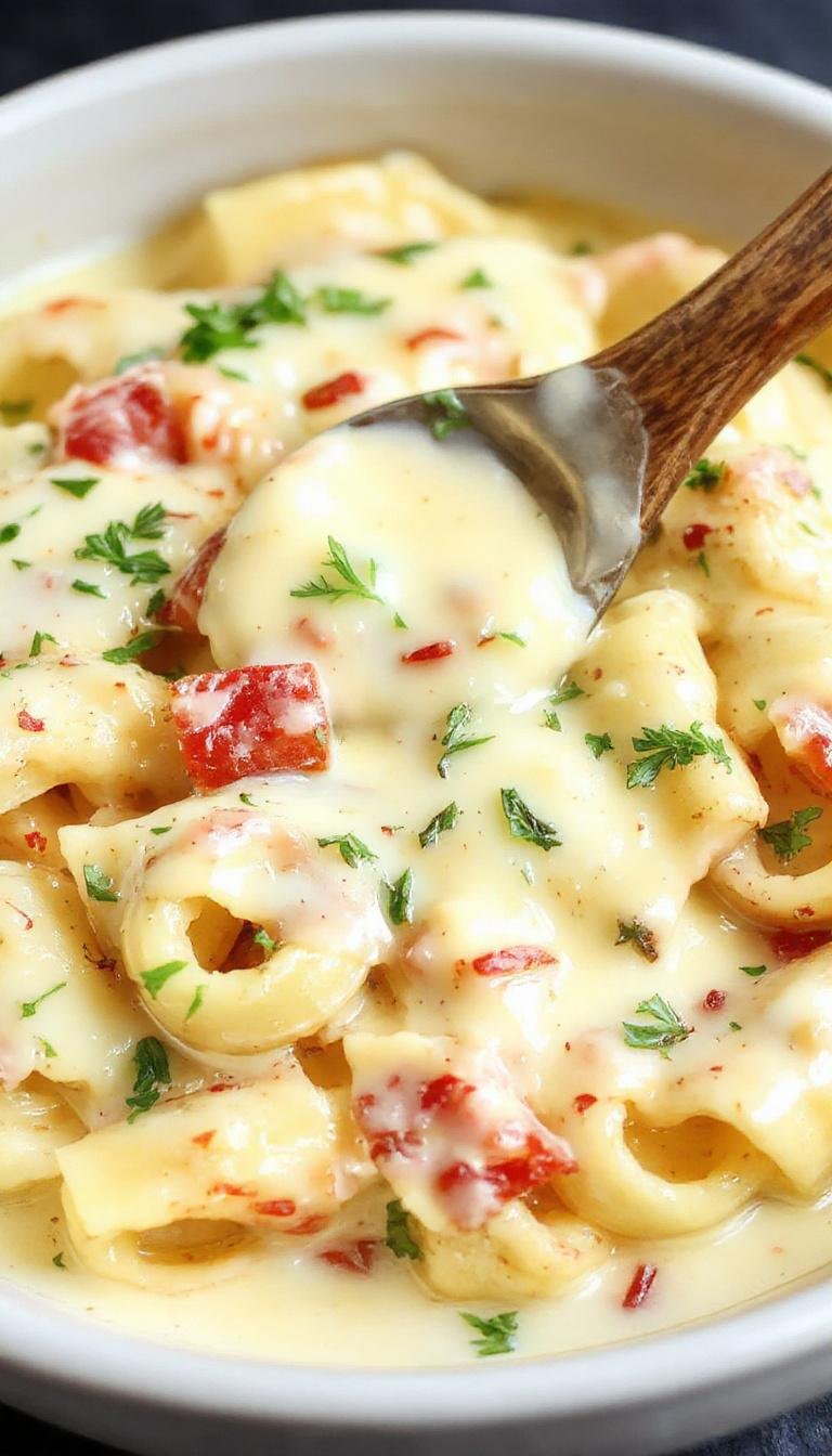 A close-up of a white ceramic bowl filled with creamy alfredo sauce, garnished with freshly chopped parsley. The sauce has a silky texture and rich appearance, with a few grated Parmesan cheese shreds sprinkled on top. In the background, a plate of golden fettuccine pasta coated with the sauce is partially visible, highlighting the glossy and velvety surface of the dish.