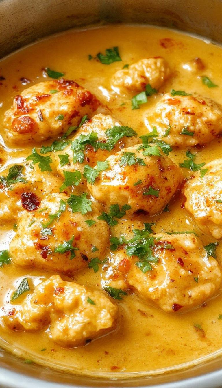 A vibrant bowl of butter chicken featuring tender chunks of chicken coated in a rich, orange-colored sauce, garnished with fresh cilantro and served alongside steamed basmati rice and naan bread. The dish is presented on a rustic wooden table with a hint of cream and spices visible in the sauce.