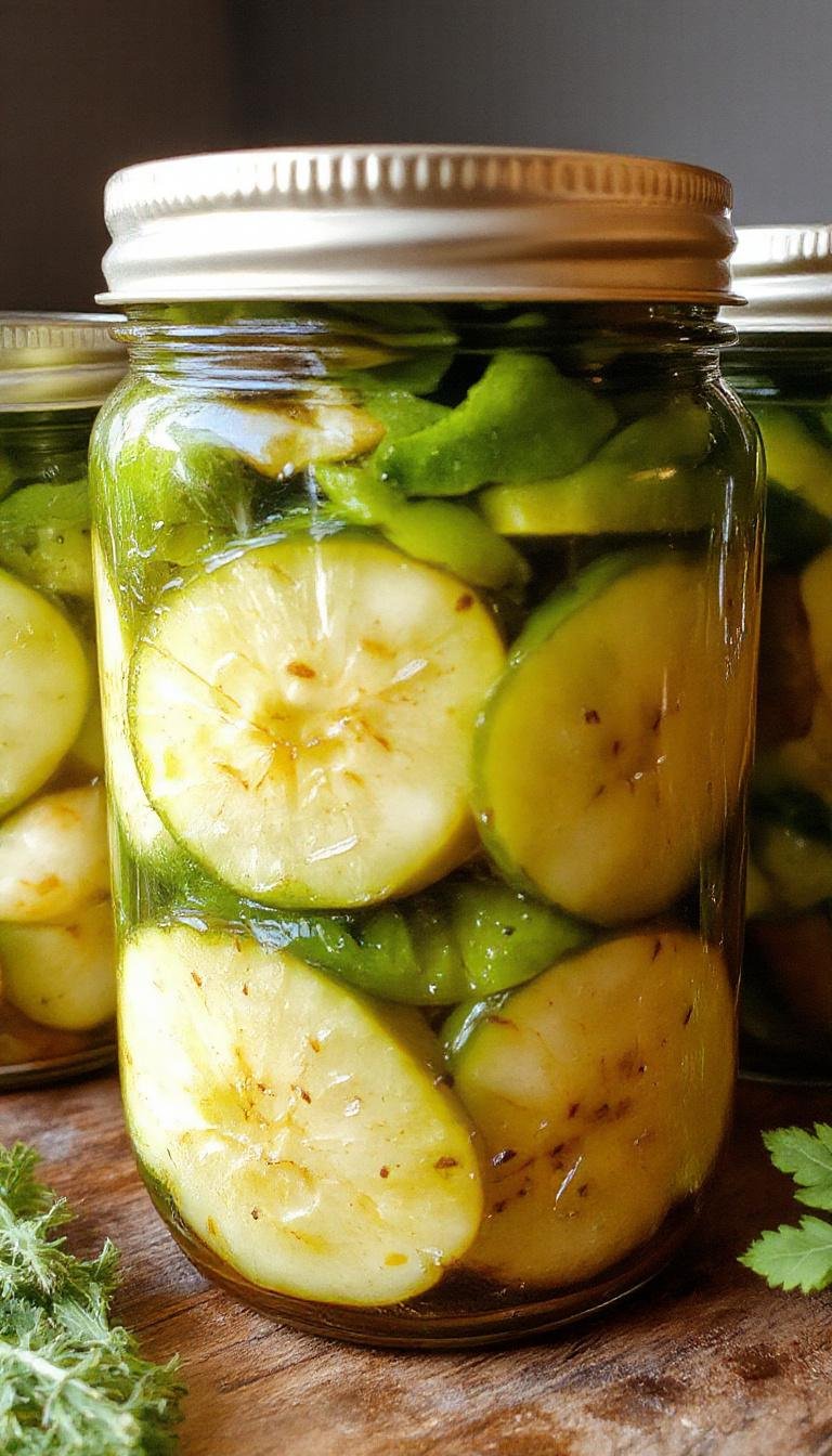 A clear glass jar filled with vibrant green cucumber slices immersed in a tangy brine, topped with fresh dill sprigs and garlic cloves, showcasing a tidy and appealing presentation, with the jar placed on a rustic wooden surface.