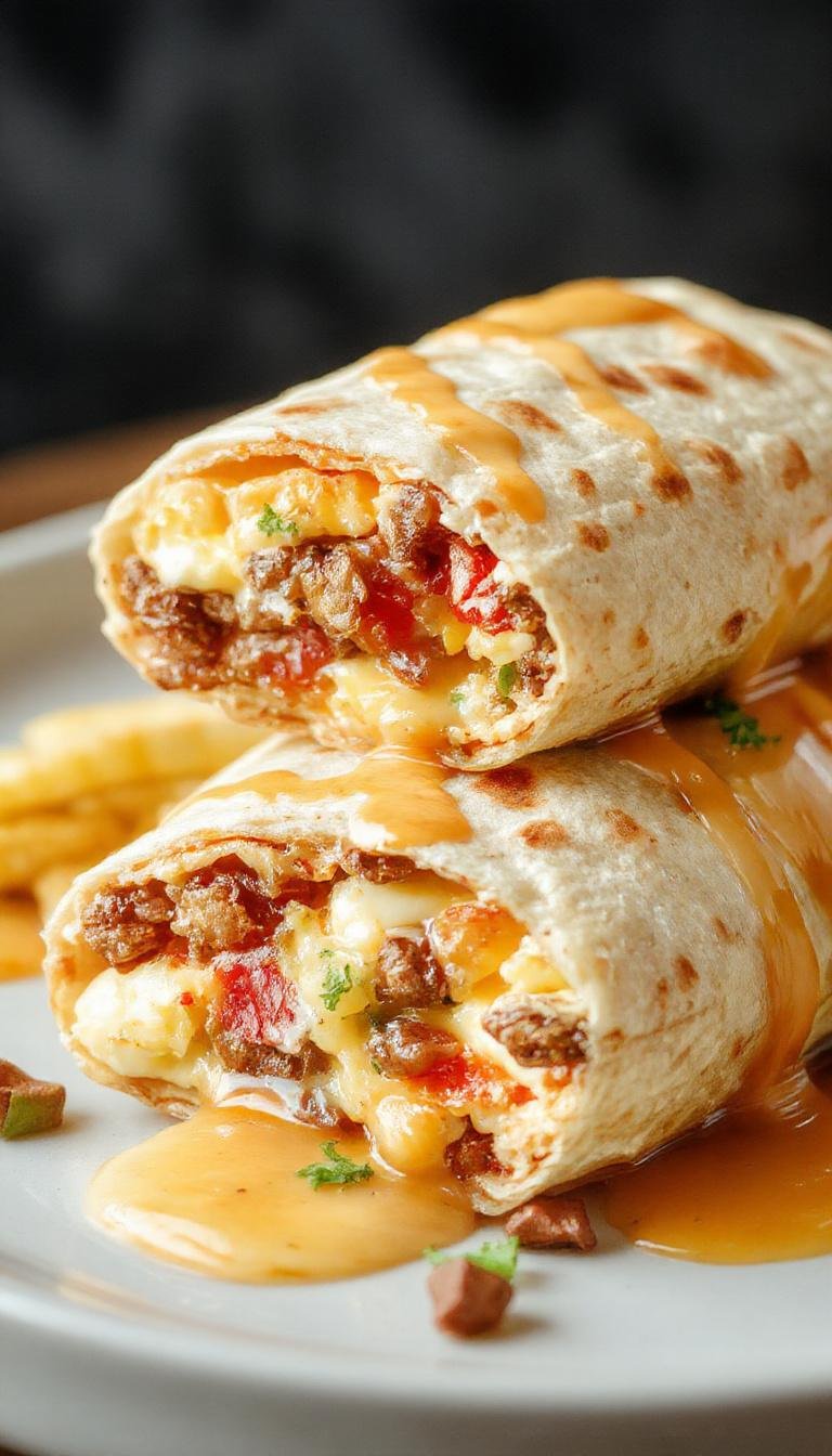 A close-up of a homemade Dunkin' Wake Up Wrap showing a soft tortilla filled with scrambled eggs, crispy bacon, and melted cheese, neatly rolled and sliced in half to reveal the filling, presented on a rustic plate with a hint of fresh herbs and a side of orange juice.