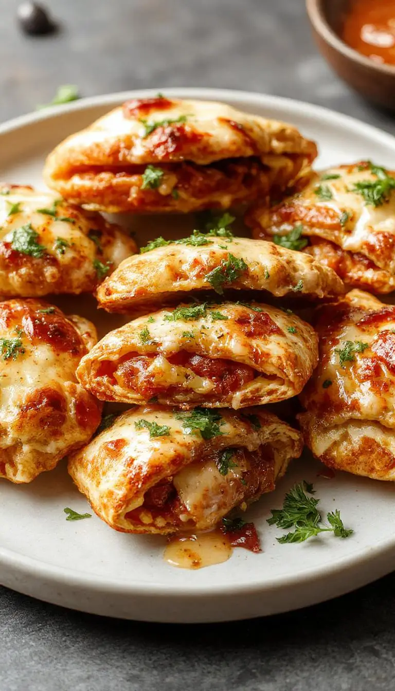Close-up of golden-brown mini pizza pockets with melted cheese oozing from the edges, arranged on a rustic wooden serving board. The pockets are puffed, flaky, and garnished with a sprinkle of herbs, with a side of marinara sauce for dipping.