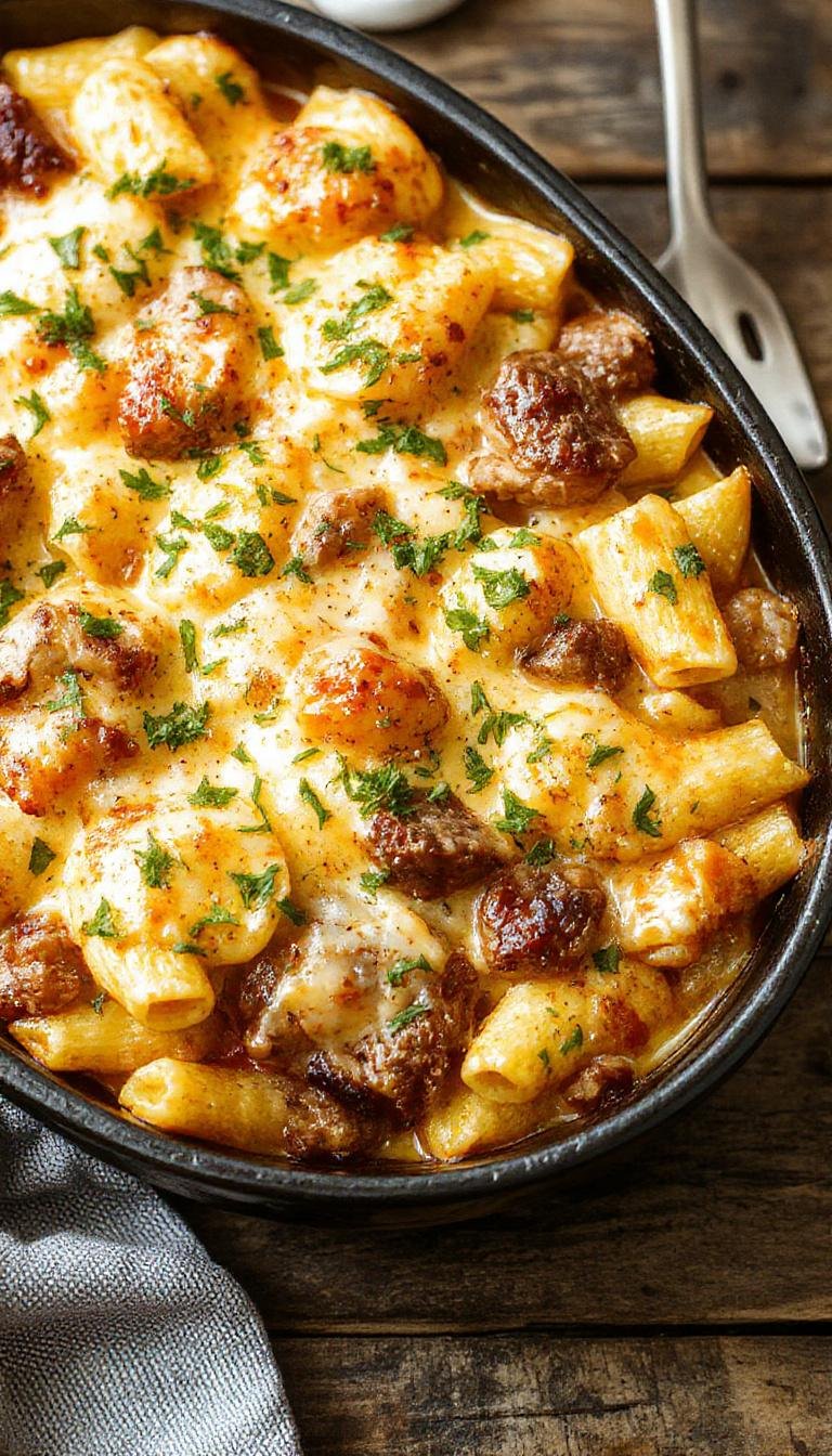 A golden-brown baked pasta dish topped with melted cheese and crispy edges, featuring tender chunks of steak coated in a glossy buffalo sauce, garnish of chopped herbs, served in a rustic white bowl on a wooden table.