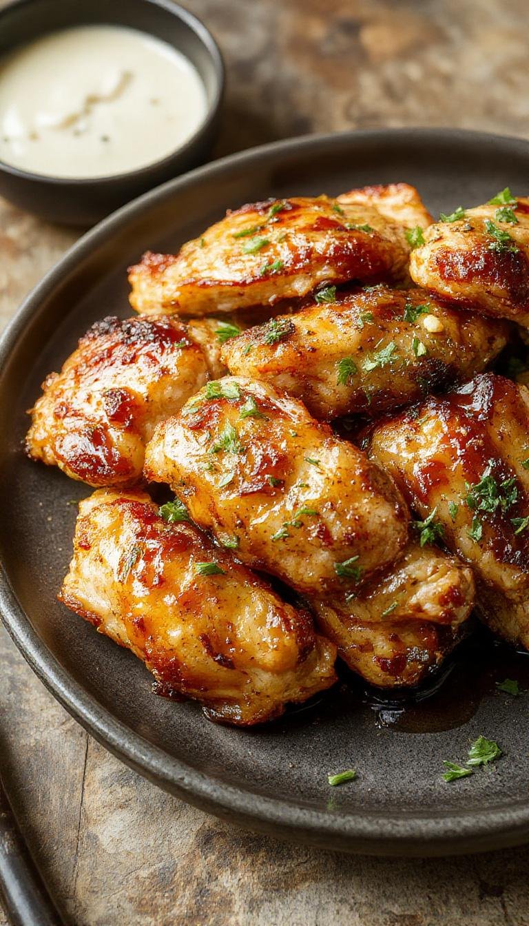 Golden-brown crispy chicken pieces coated with a glossy honey garlic sauce, garnished with chopped green onions. The chicken is arranged on a white plate with a vibrant sauce pool beneath, contrasted against a rustic wooden table background.