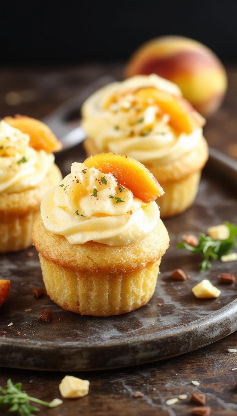 A close-up of honey peach cream cheese cupcakes beautifully arranged on a rustic white platter. The cupcakes are topped with a swirl of smooth cream cheese frosting, garnished with delicate slices of fresh peach, drizzled with golden honey, and sprinkled with tiny edible flowers. The vibrant orange and yellow hues of the peaches contrast with the creamy white frosting, creating an inviting and colorful display.