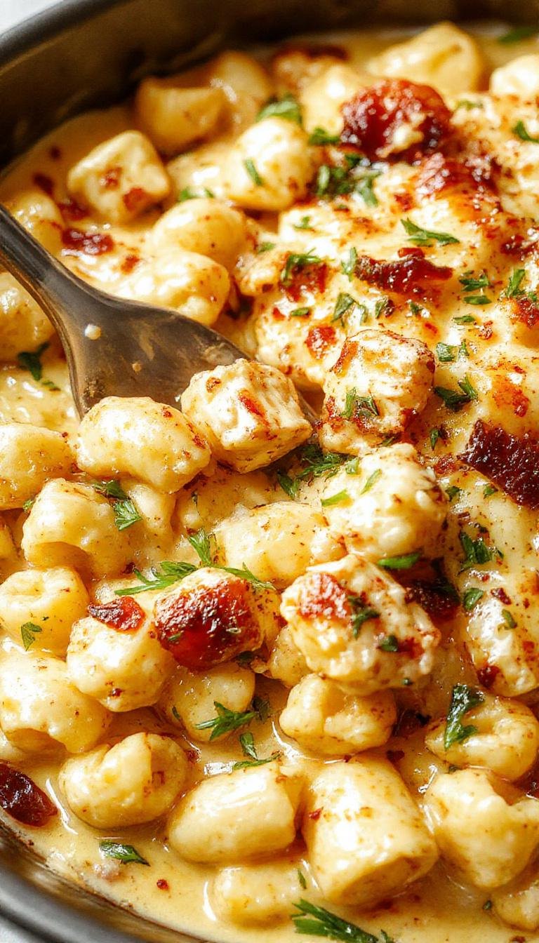 A creamy bowl of honey pepper chicken mac and cheese, featuring golden-brown crispy chicken pieces on top, surrounded by a rich, cheesy sauce. The dish is garnished with freshly chopped herbs and served in a rustic white bowl, with a backdrop of a wooden table, emphasizing warmth and comfort.