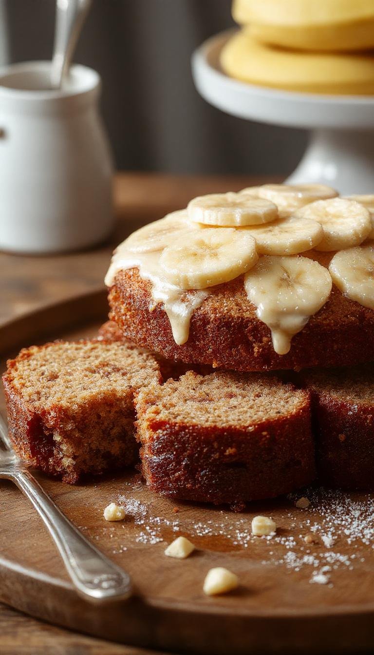A slices of moist banana cake with golden-brown crust topped with whipped cream and sliced bananas on a rustic wooden plate, garnished with a sprig of mint, showcasing a tender crumb and inviting texture