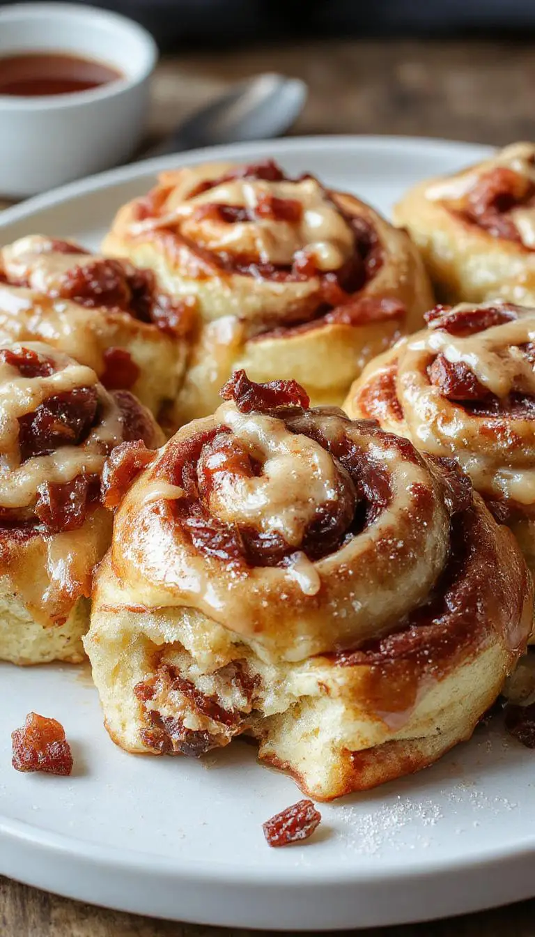 A close-up image of glossy bourbon bacon cinnamon rolls arranged on a rustic wooden platter, showcasing their golden-brown swirls filled with cinnamon, topped with crispy bacon pieces and drizzled with maple glaze, creating a tempting balance of sweet and savory textures.