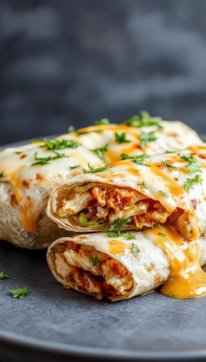 A close-up of a golden brown chicken wrap sliced open to reveal melted cheese, crispy lettuce, and tender garlic chicken, all wrapped in a toasted tortilla. The wrap is garnished with fresh herbs and placed on a rustic wooden plate, showcasing the gooey cheese oozing out and the vibrant colors of the fresh ingredients.