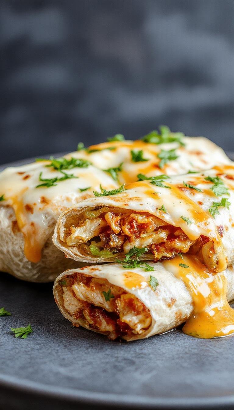 A close-up of a golden brown chicken wrap sliced open to reveal melted cheese, crispy lettuce, and tender garlic chicken, all wrapped in a toasted tortilla. The wrap is garnished with fresh herbs and placed on a rustic wooden plate, showcasing the gooey cheese oozing out and the vibrant colors of the fresh ingredients.