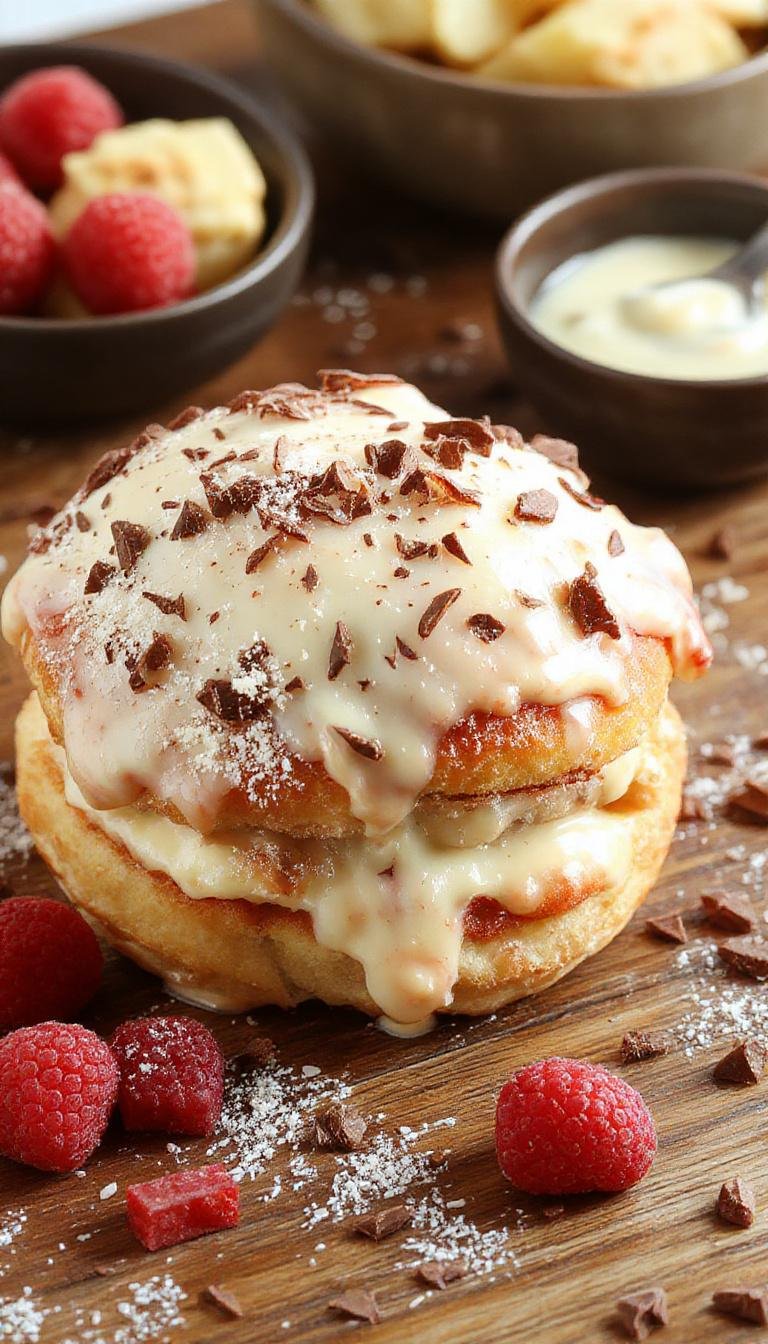 Close-up of golden-brown cannoli shells filled with smooth, creamy white filling, garnished with a light dusting of powdered sugar and tiny chocolate chips, arranged on a white plate with a rustic wooden background.
