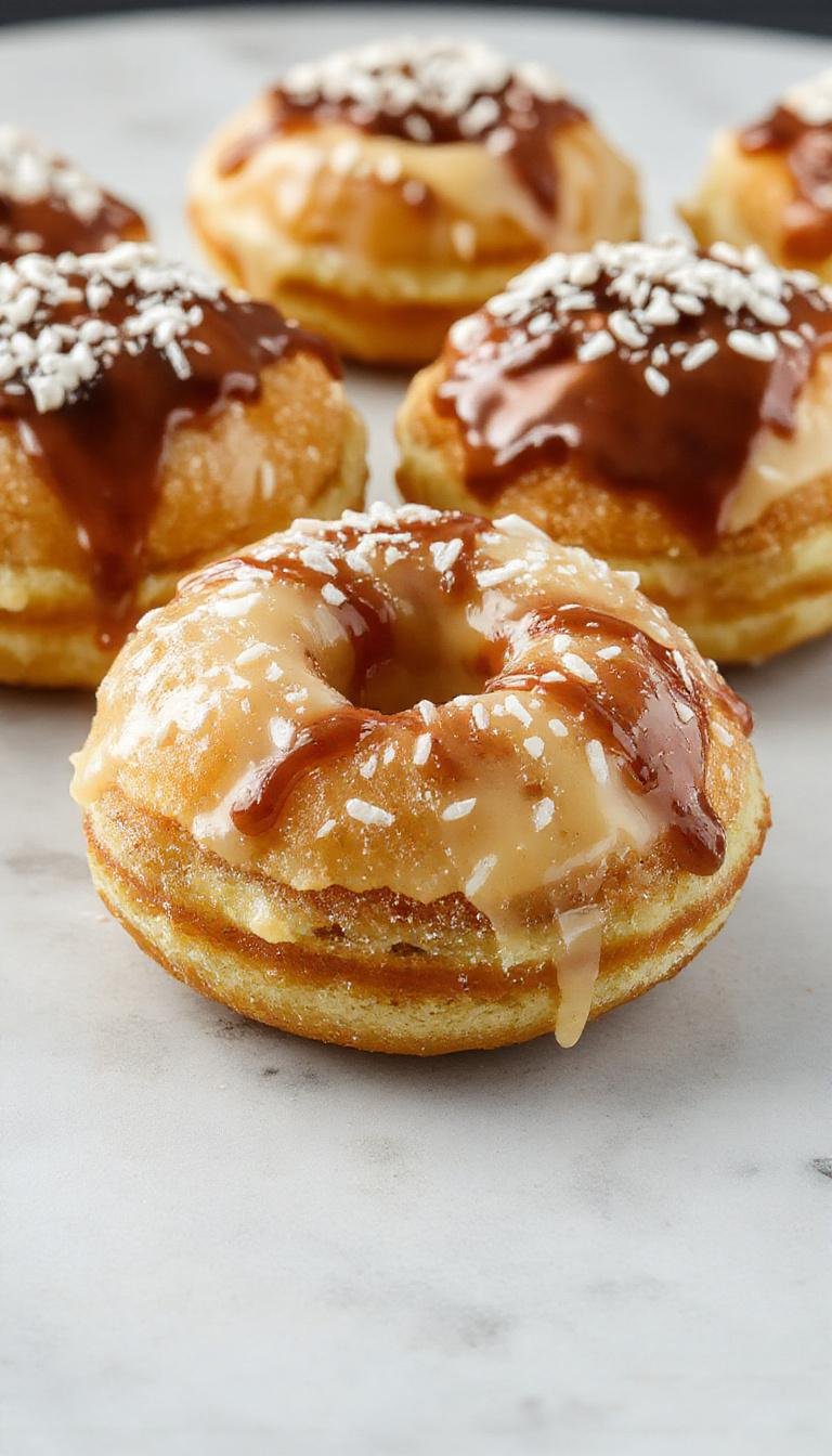 A close-up of golden-brown Italian cream-filled doughnuts with a smooth, glossy surface, generously coated in powdered sugar, with visible creamy filling oozing from one doughnut cut open. The doughnuts are arranged on a rustic wooden board, garnished with a few dustings of powdered sugar and fresh mint leaves for contrast.