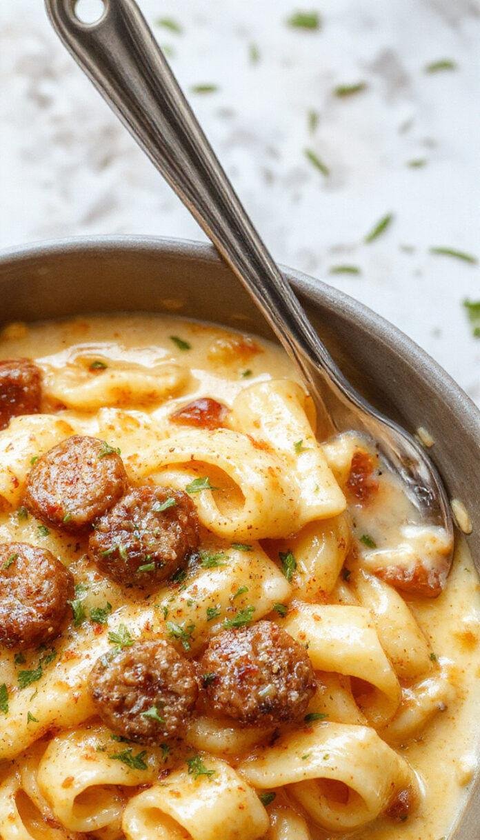 A close-up of a rustic white plate filled with creamy Italian sausage pasta, topped with fresh herbs. The pasta is coated in a rich, light-colored sauce with visible slices of browned Italian sausage and sprinkled with chopped parsley, creating an inviting and hearty presentation.