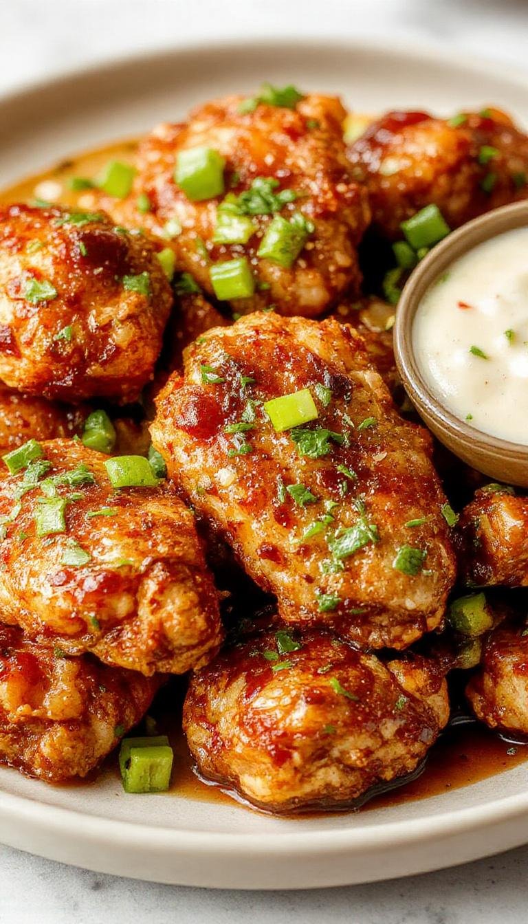 Golden-brown Korean fried chicken pieces with a crispy, textured coating arranged on a white plate garnished with finely sliced green onions and sesame seeds, with a side of dipping sauce visible in a small bowl. The chicken has a glossy sheen from a flavorful glaze, highlighting its crunchiness and vibrant color.
